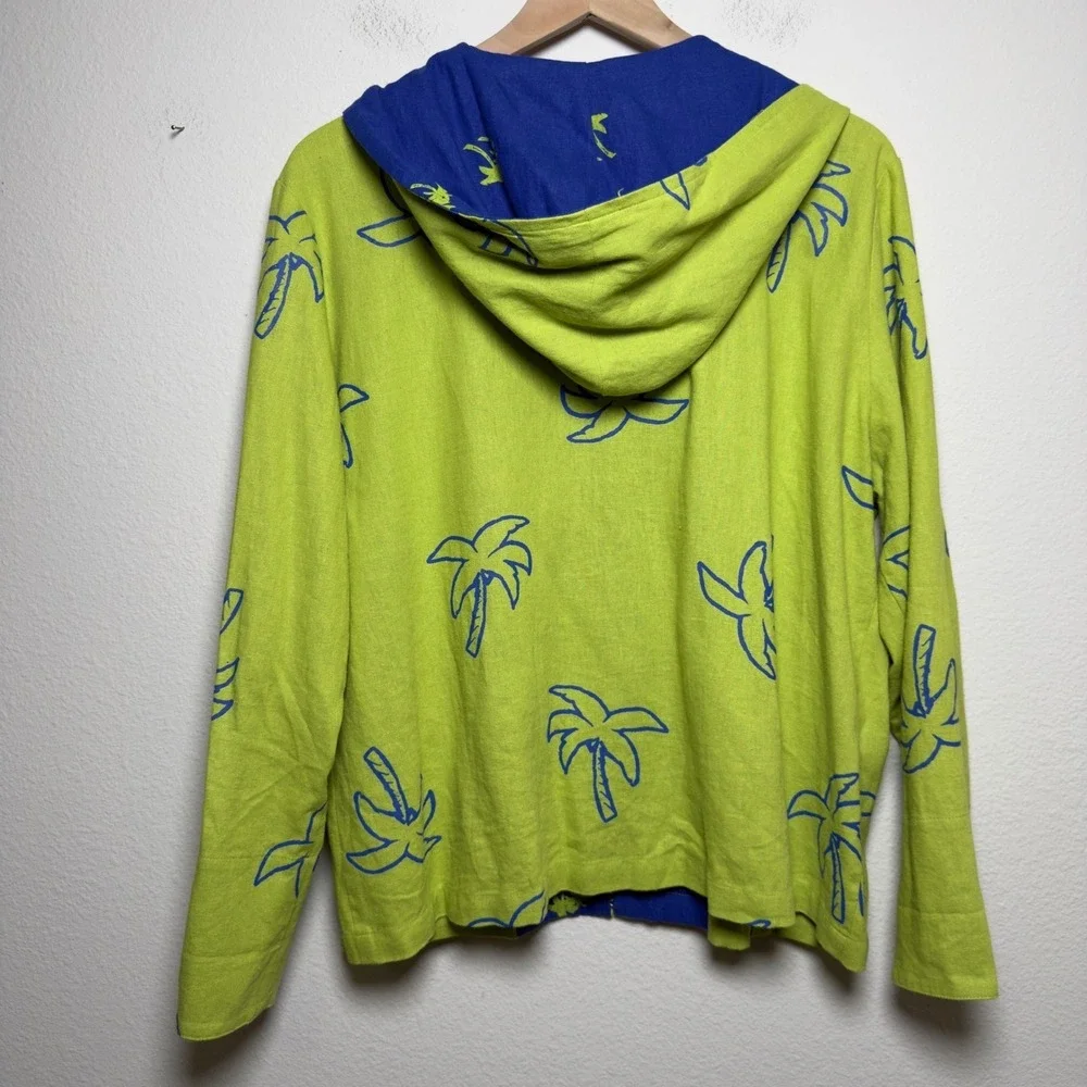 Women Silk Linen Zip Up Hoodie Large Lime Green Palm Tree Tropical Jacket Resort